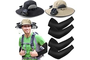 Glitopper 2 Set Wide Brim Solar Fan Hats with 2 Solar Fan and Arm Sleeves Set Outdoor Fishing Bucket Hat for Men Women Hiking