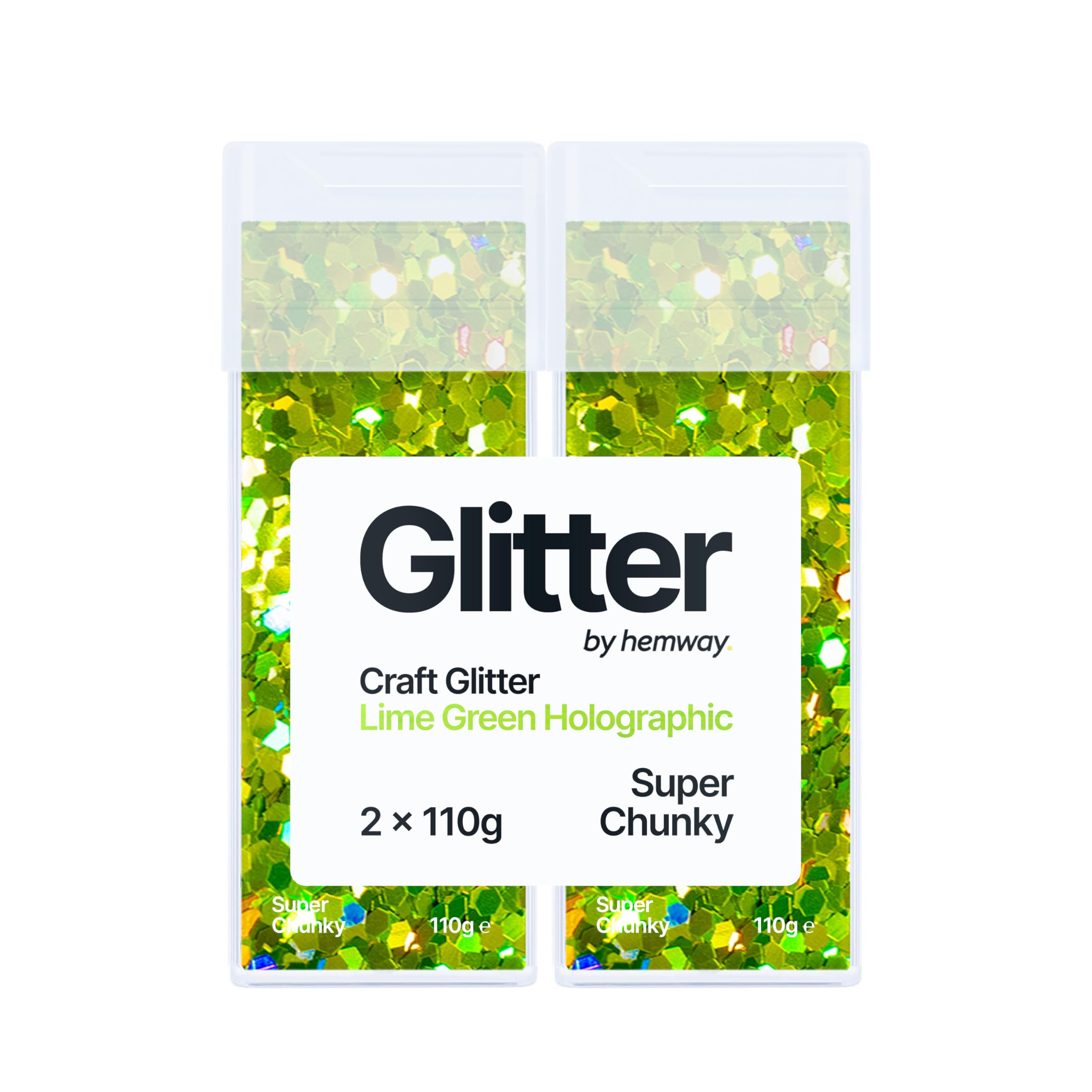 Hemway Glitter Shaker Lime Green Holographic 110g x2 Pack Super Chunky, Craft Glitter Shakers for Resin & Epoxy Crafts, Christmas Art Supplies, Nail, Body, Face, Festival, Crafting, Slime, Sparkle