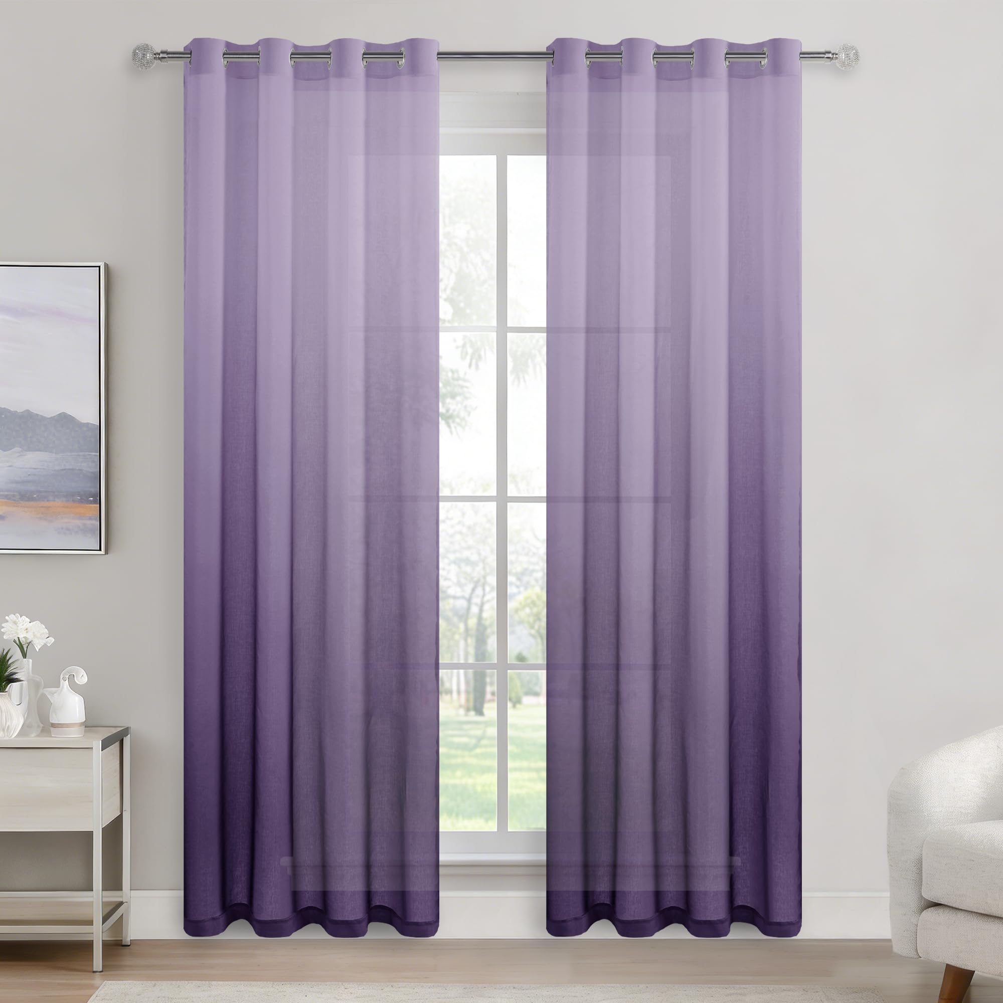 DWCN Voile Curtain Purple Gradient Curtains for Living Room Net Curtains for Windows Sheer Bedroom Crurtains Eyelet Set of 2, 55 x 84 Inches