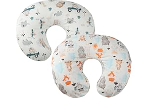 Tontukatu Nursing Pillow Cover 2 Pack Compatible with Boppy Pillow, 100% Cotton Super Soft for Breastfeeding Moms Fit Infant Nursing Pillows & Positioners for Baby Boy Girl Grey Elephant Tiger Fox