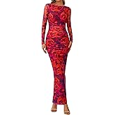 PRETTYGARDEN Women's Long Sleeve Bodycon Dresses 2026 Spring Sexy Floral Mesh Slit Ruched Tight Maxi Wedding Guest Dress
