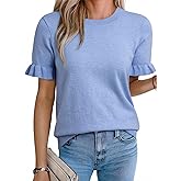 EVALESS Women's Short Puff Sleeve Knit Tops 2026 Trendy Crewneck T Shirts Casual Summer Clothes