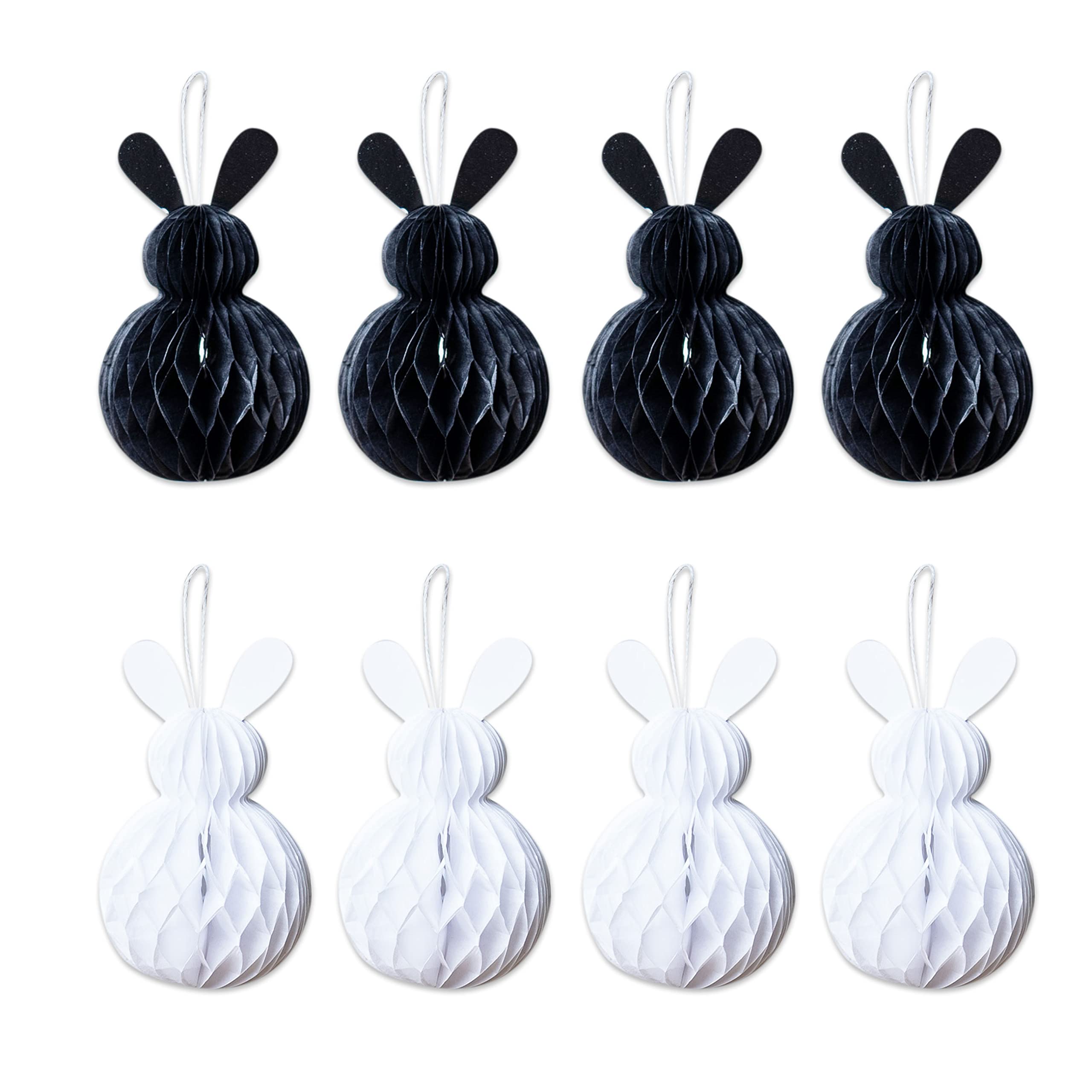 Papierdrachen 8 Easter bunnies made of tissue paper for hanging and decorating, size 10 x 5 cm, including ribbon, ideal Easter decoration for shrubs and branches, reusable, white, black, set 5