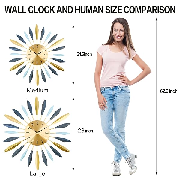 YISITEONE 28 INCH LARGE WALL CLOCK METAL DECORATIVE, MID CENTURY SILENT NON-TICKING BIG CLOCKS, MODERN HOME DECORATIONS FOR LIVING ROOM,BEDROOM,DINING ROOM,OFFICE