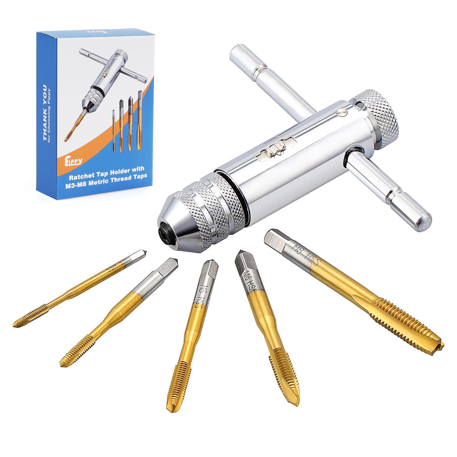 Fippy Tap Wrench Set Adjustable T Handle Ratchet Tap Holder Thread Tapping Tools with 5PCS HSS M3-M8 Metric Thread Tap