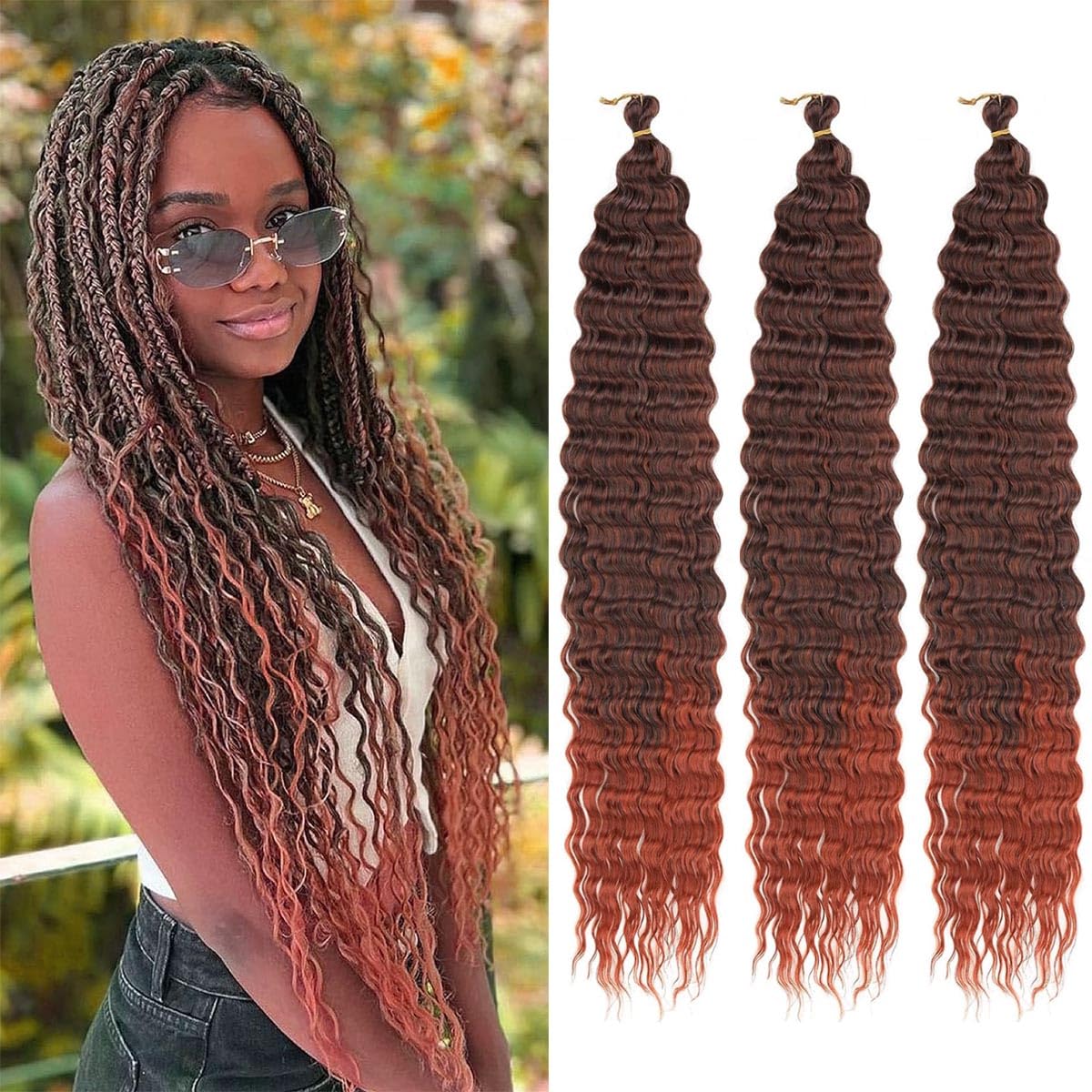 Ocean Wave Crochet Hair 3Packs Deep Wave Braiding Hair Curl Crochet Braiding Hair Extension Ocean Wave Braids Hair for women (1B/350#, 24Inch) — image 1