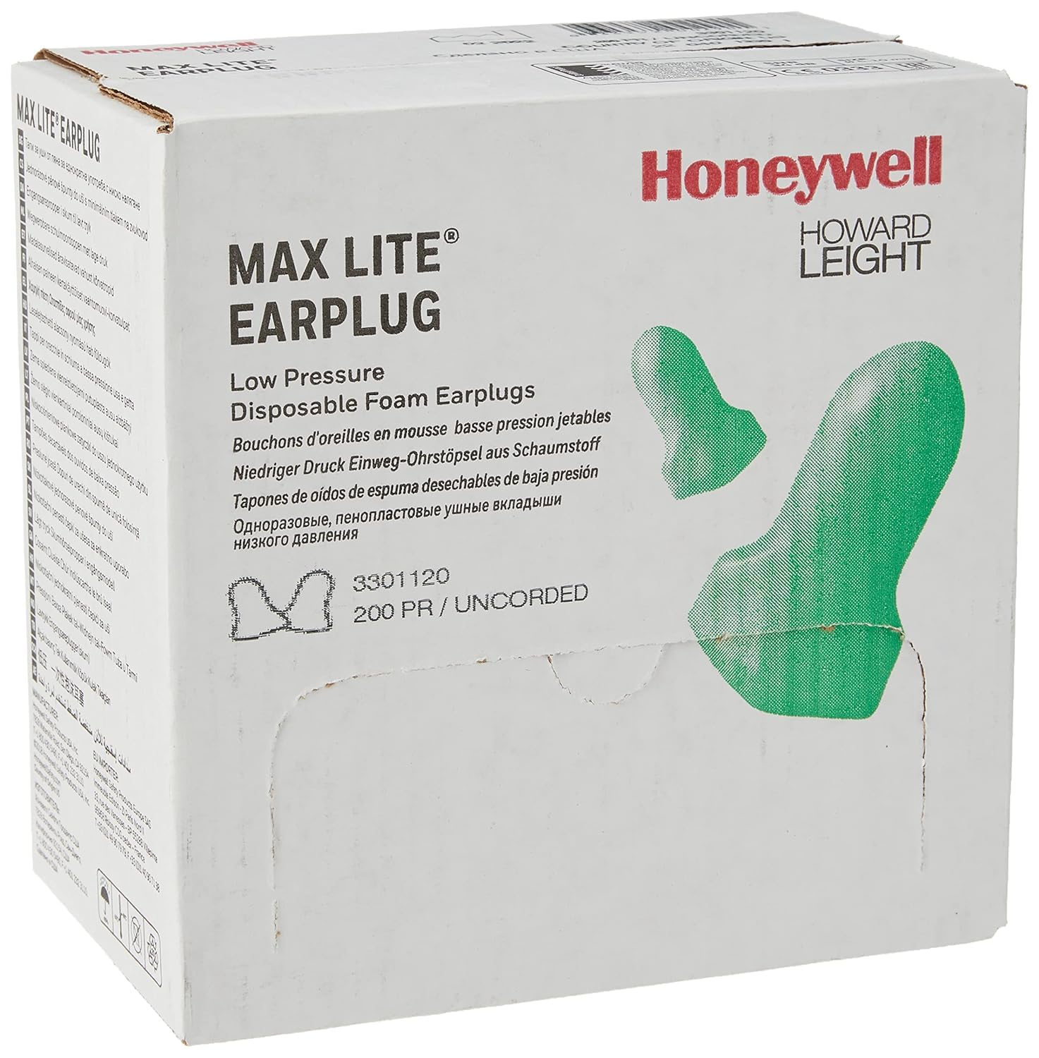 Howard Leight MAXIMUM LITE Single-Use Uncorded Earplugs, Green Color, Contoured T-Shape, Ideal for Workers with Smaller Ear Canals, SNR 34 dB, 3301120 (BOX with 200 Pairs)