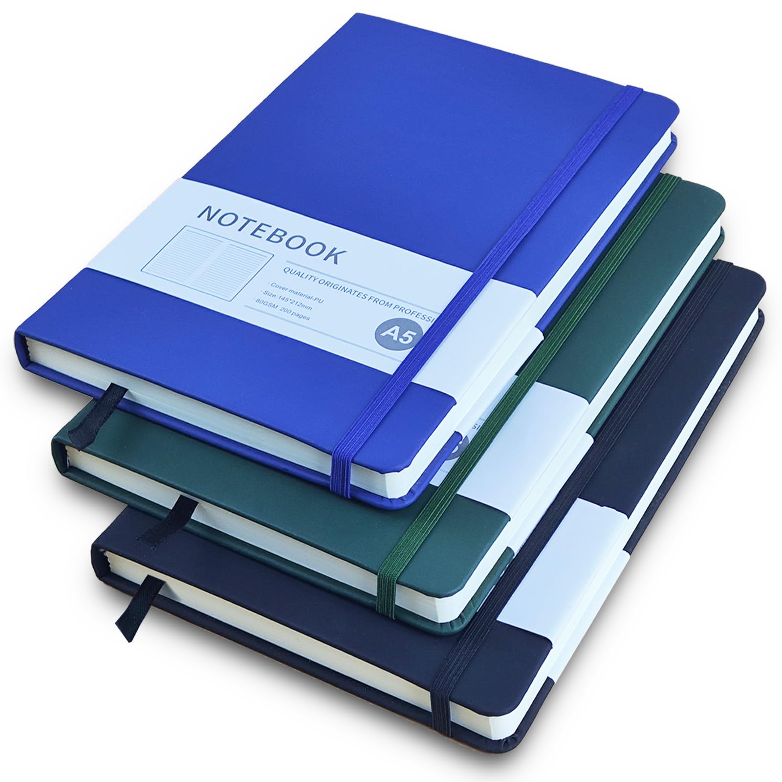 A5 Notebook, 3 Pack A5 Notepad 200 Pages Journal Notebook Hardback Notepad with Lined Pages, PU Leather Lined Notebooks with Bookmark and Elastic Closure for Office School Home (Black+Blue+Green)