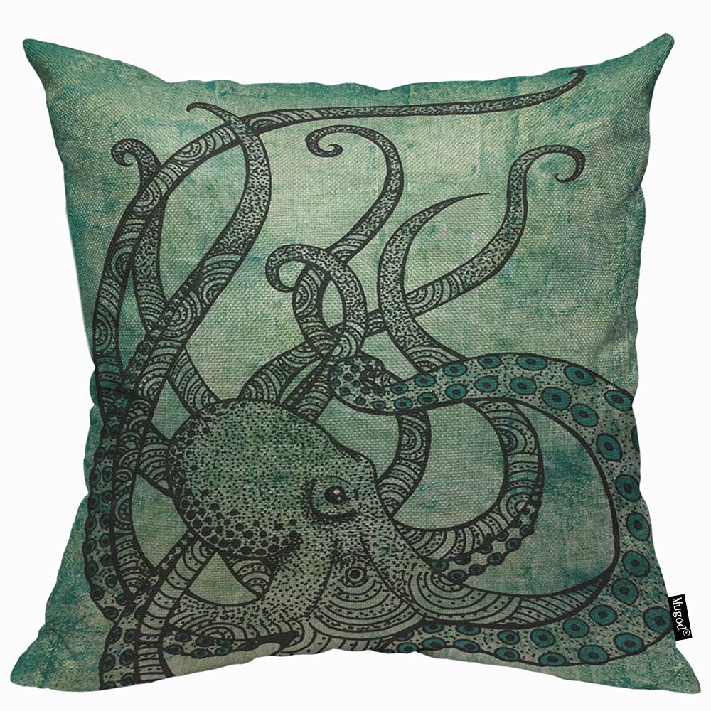 Mugod Green Octopus Cushion Cover Throw Pillow Covers Gorgeous Cool Color Printed Pillow Case for Men Women Decorative Home Sofa Chair Couch 45x45cm/18x18 Inch