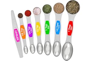 Magnetic Measuring Spoons Set - Wildone Stainless Steel Double Sided Measuring Spoons Set of 7, for Dry and Liquid Ingredients, including 6 Heavy Duty Nesting Spoons, 1 Leveler, Fits in Spice Jar