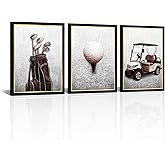 Kalormore 3 Pieces Black Gold Framed Golf Pictures Wall Decor Vintage Golf Wall Art Sports Wall Decor Rustic Golf Balls Picture Art Prints (Gray)