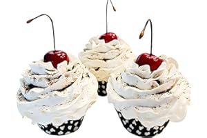 Dezicakes Fake Cupcakes & Cake – Artificial Cakes for Display – Faux Cake Decorations for Home & Kitchen - Cake Plate Fake Food Desserts Cookies & Cream Faux Cupcakes- Set of 3
