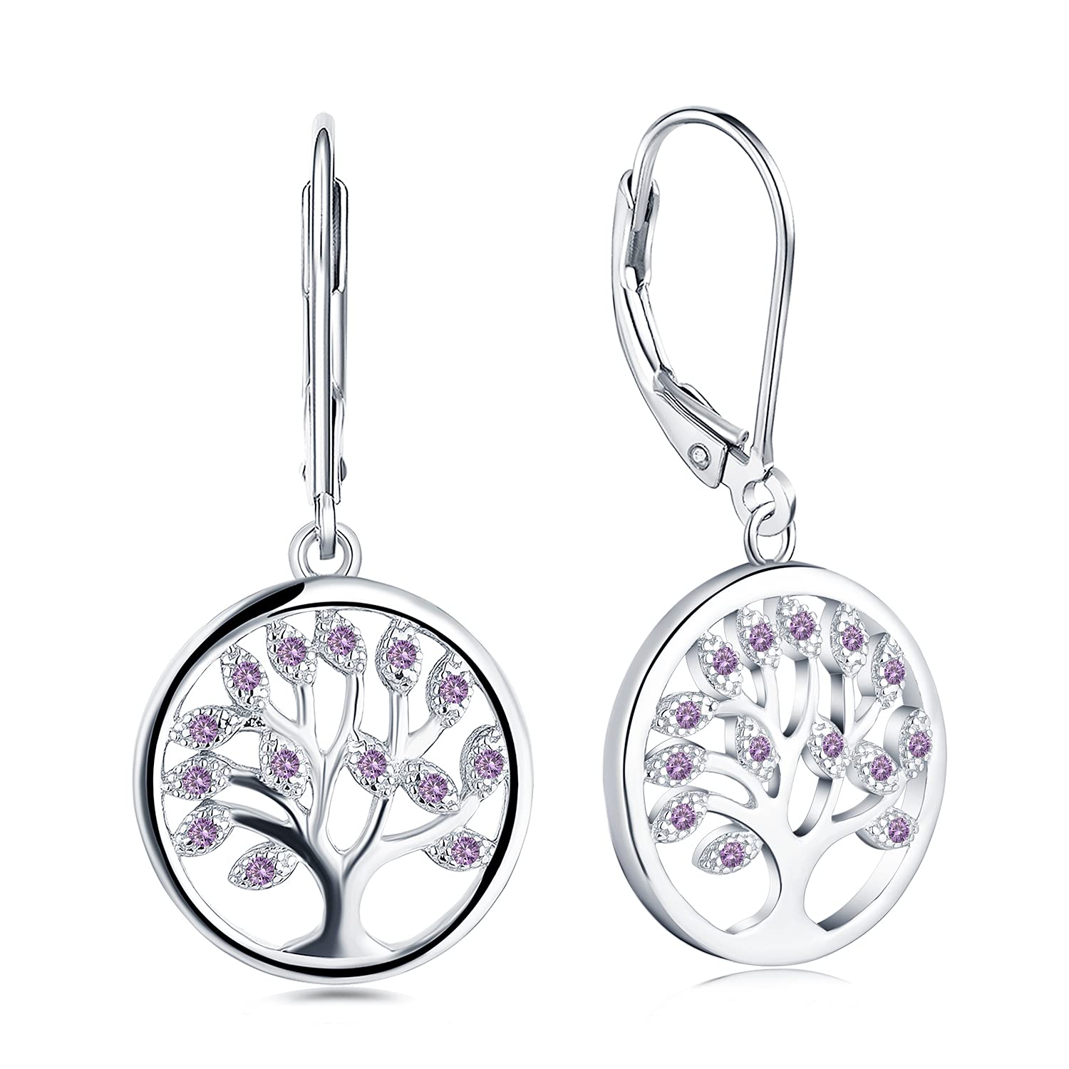 JO WISDOM Women Earrings,925 Sterling Silver February Birthstone Amethyst Color Family Tree of Life Drop & Dangle Earrings