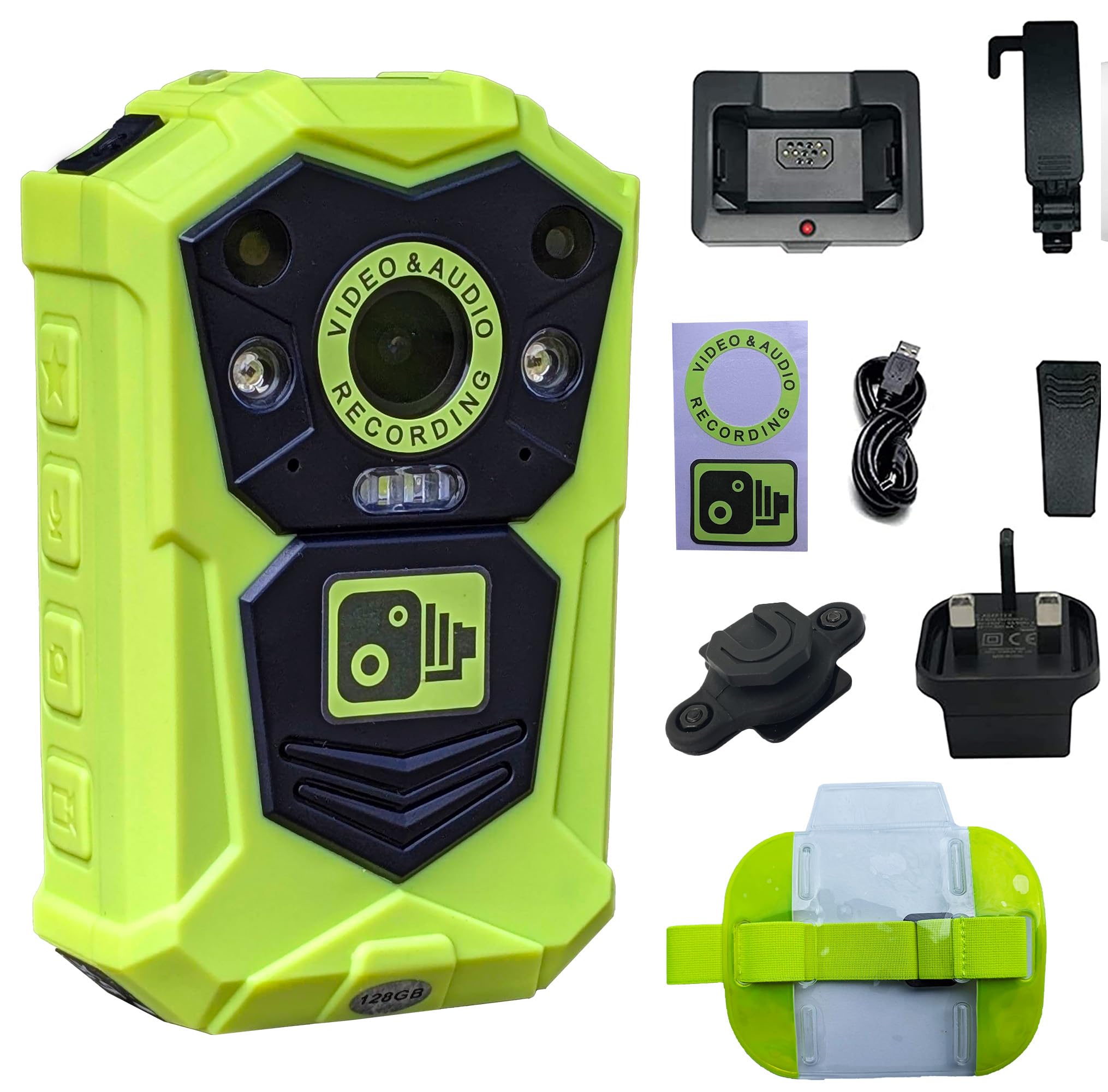 Brifield BR1 NEO Body Camera128GB Ultra HD Video Recorder Wearable Bodycam Body Worn Camera,Professional Personal Protection, Doorman, Bouncer, SIA Neon Yellow Security Camera, Klick Fast Connector