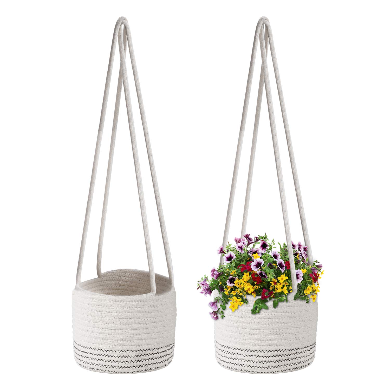 Flexzion Macrame Plant Hanger Basket for Indoor Plants - 8 Inch Jute Rope Planter Pot Cover, Woven Hanging Plant Holder Up to 7 Inch Pots, Boho Hanging Planters Home Decor Storage Organizer (White)