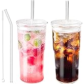 JunVpic Glass Tumbler with Straw and Lid, 20 OZ Clear Iced Coffee Glasses Cups for Ice Water, Juice, Tea, Milk, Smoothie and Cold or Hot Drinks, Set of 2