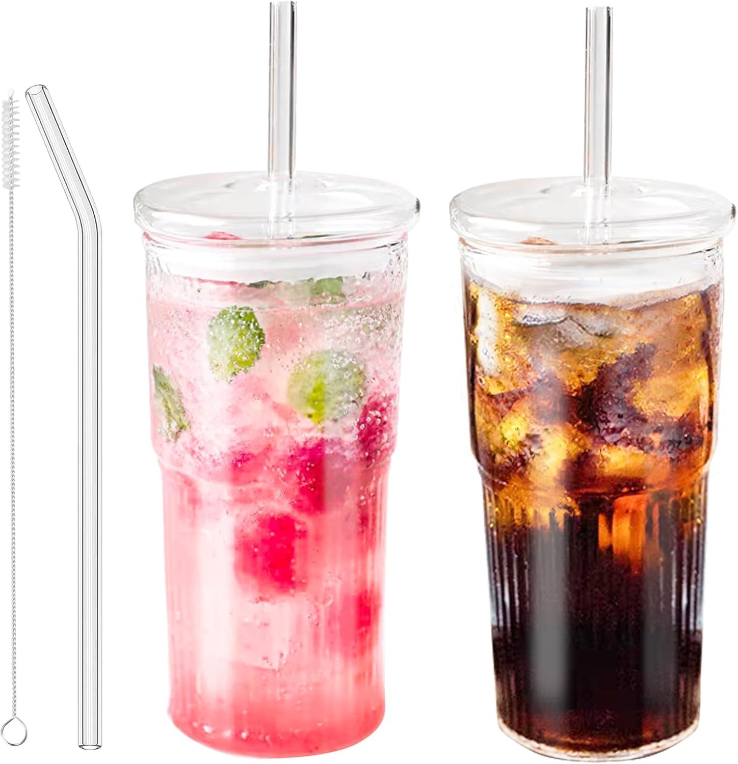 JunVpic Glass Tumbler with Straw and Lid, 20 OZ Clear Iced Coffee Glasses Cups for Ice Water, Juice, Tea, Milk, Smoothie and Cold or Hot Drinks, Set of 2