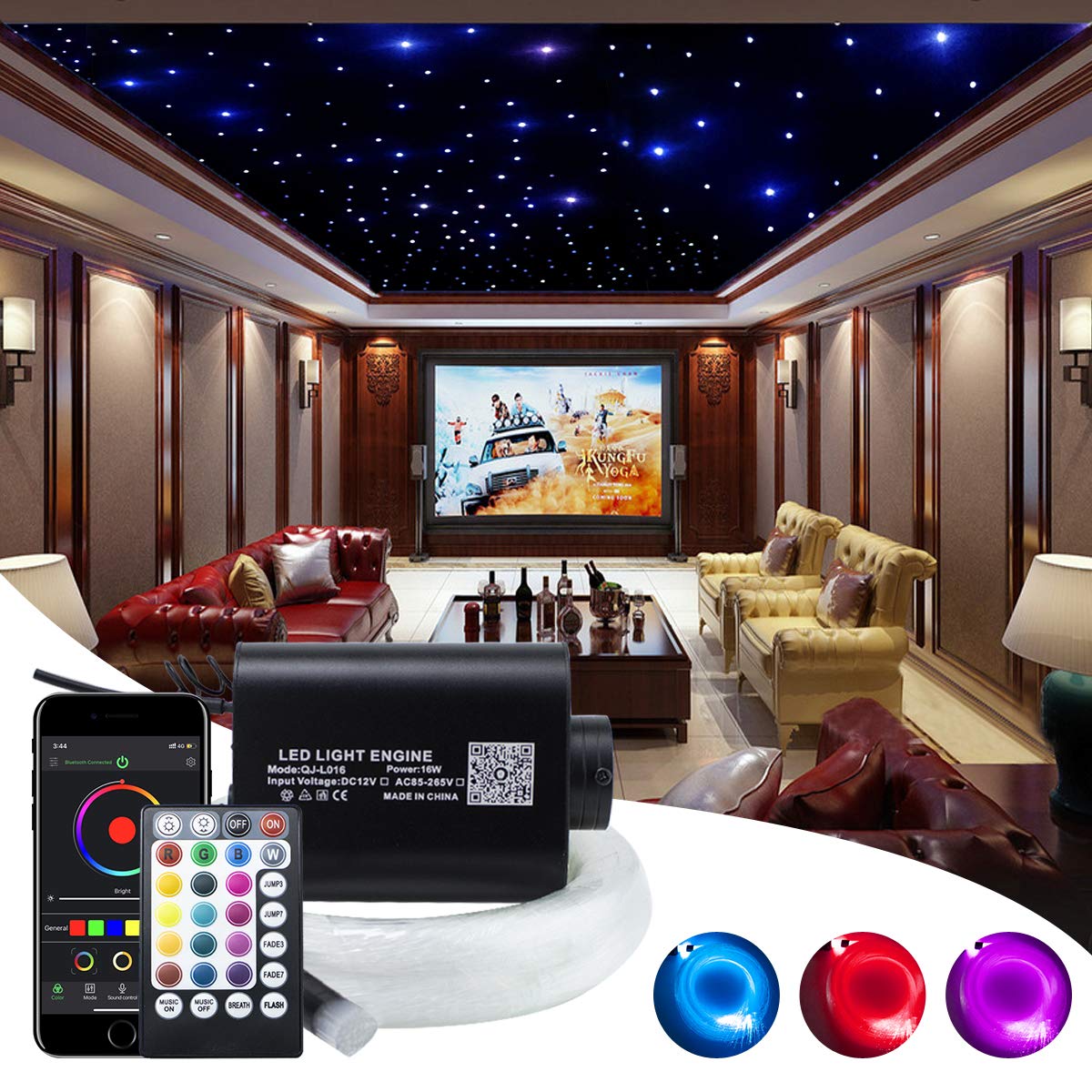 Kingmaled 16W Car Home APP RGBW Fiber Optic Star Ceiling Light Kit, Music Activated Light Engine +28Keys Remote Controll Create Atmosphere Full of Romantic and Rhythm, 335pcs Mixed Cable 4m