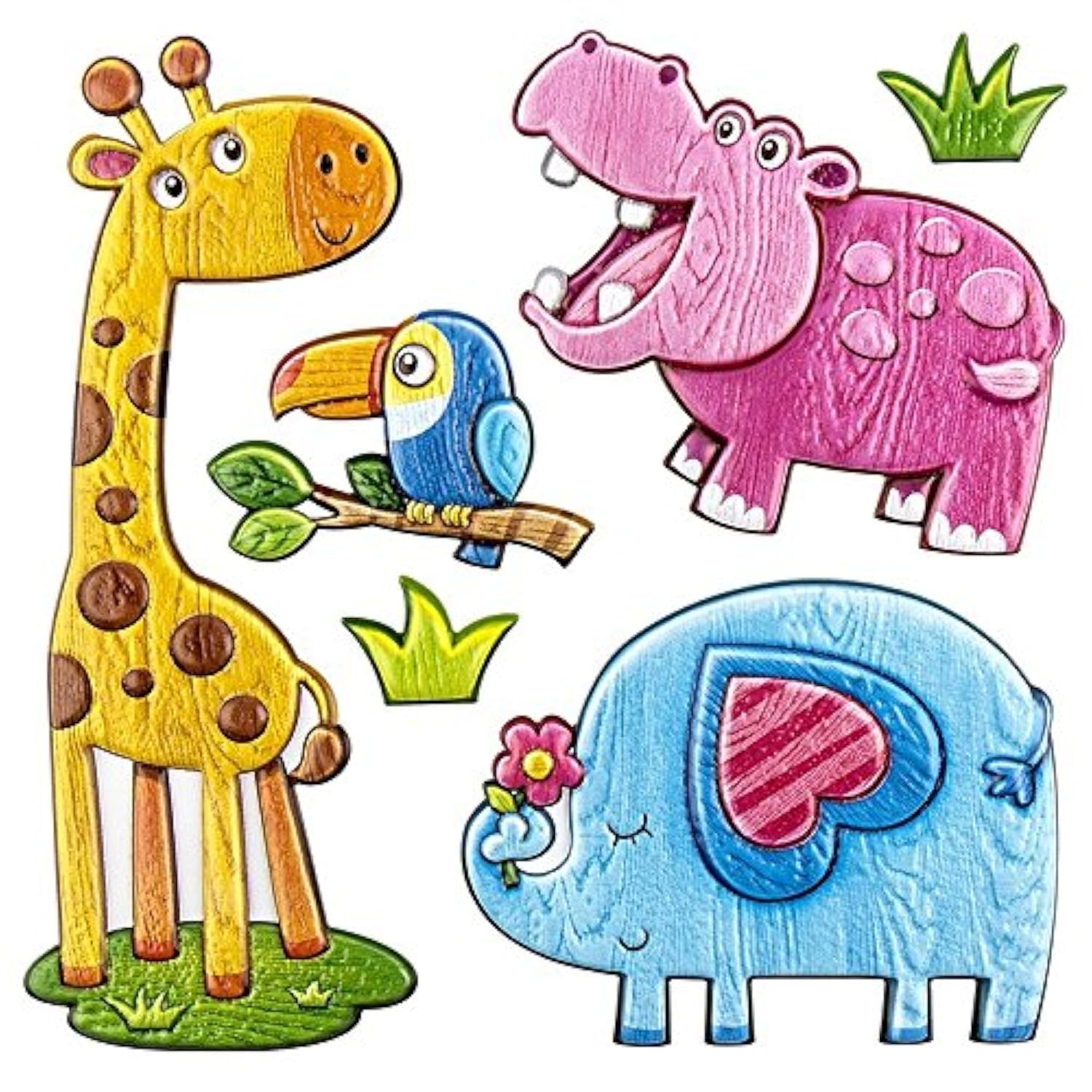 Ideas Wooden Effect with Heart Colourful Stickers, 1 18x17,5 cm, Relief Wall Tattoo Zoo Animals Puffy Stickers Happy Colors Kids