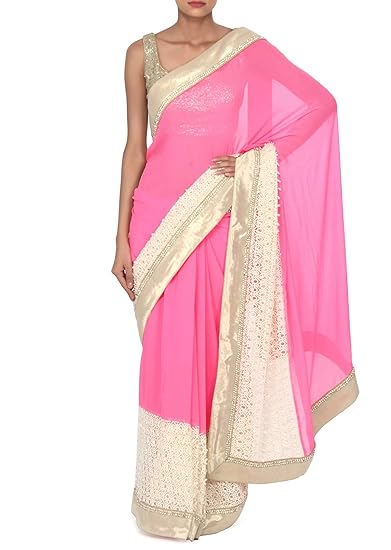 Pink and white saree enahnced in gold Contrast Border Cocktail Georgette Saree Sari with Blouse.