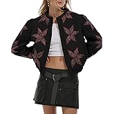 Gacaky Women's Lightweight Floral Embroidered Cropped Quilted Jacket Winter Warm Button Down Puffer Jacket Coat with Pockets