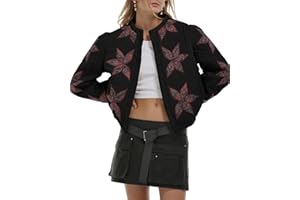 Gacaky Women's Lightweight Floral Embroidered Cropped Quilted Jacket Winter Warm Button Down Puffer Jacket Coat with Pockets
