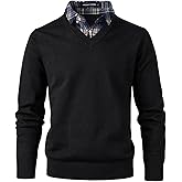 Herothorn Men's Knit Sweater Fashion Pullover Soft Touch V-Neck Sweatshirt Top with Plaid or White Mock Shirt Collar