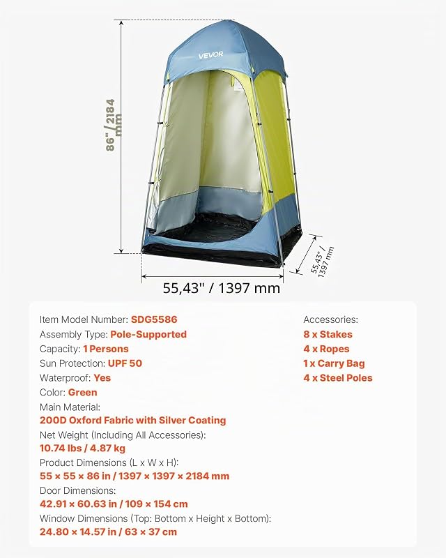 Duschzelt mit 1 Raum, Toilettenzelt (1397x1397x2184 mm) Umkleidezelt inkl. Heringen & Seilen & Tragetasche & Stahlstange, aus 200D Oxford-Gewebe für Camping Strand Angeln Grün