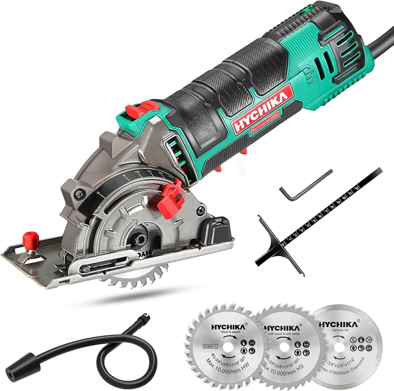 HYCHIKA 500W Mini Scie Circulaire, 4500RPM, Profondeur de coupe: 0-25mm, Moteur en Cuivre Pur, 3 Lames pour les coupes de bois, de métal mou, de carreaux et de plastique