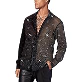 OYOANGLE Men's Graphic Glitter Long Sleeve Button Down Shirts Sheer Collared Party Shirt Top Clubwear
