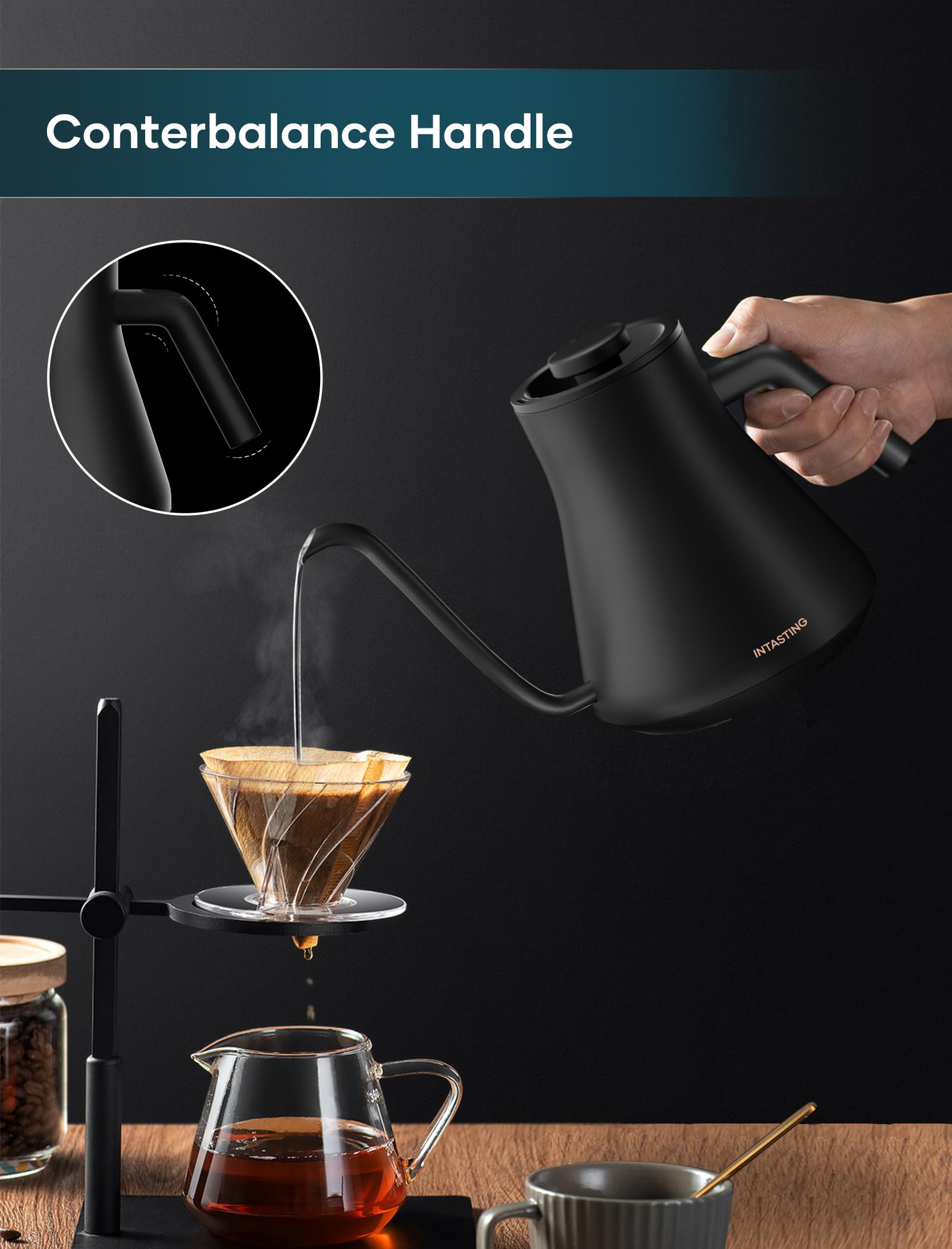 INTASTING Hervidores eléctricos, hervidor eléctrico de cuello de cisne, control de temperatura ±1 ℉, interior de acero inoxidable, calentamiento rápido, para verter sobre café, preparar té, hervir agua caliente, 0,9 L negro