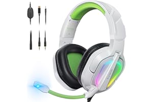 Krysenix Gaming Headset for PS4, PS5, PC, Mac, Xbox Series X, Noise Canceling Headphones with Microphone, PG2 Computer Headset with 3.5mm Jack & RGB Light White/Green