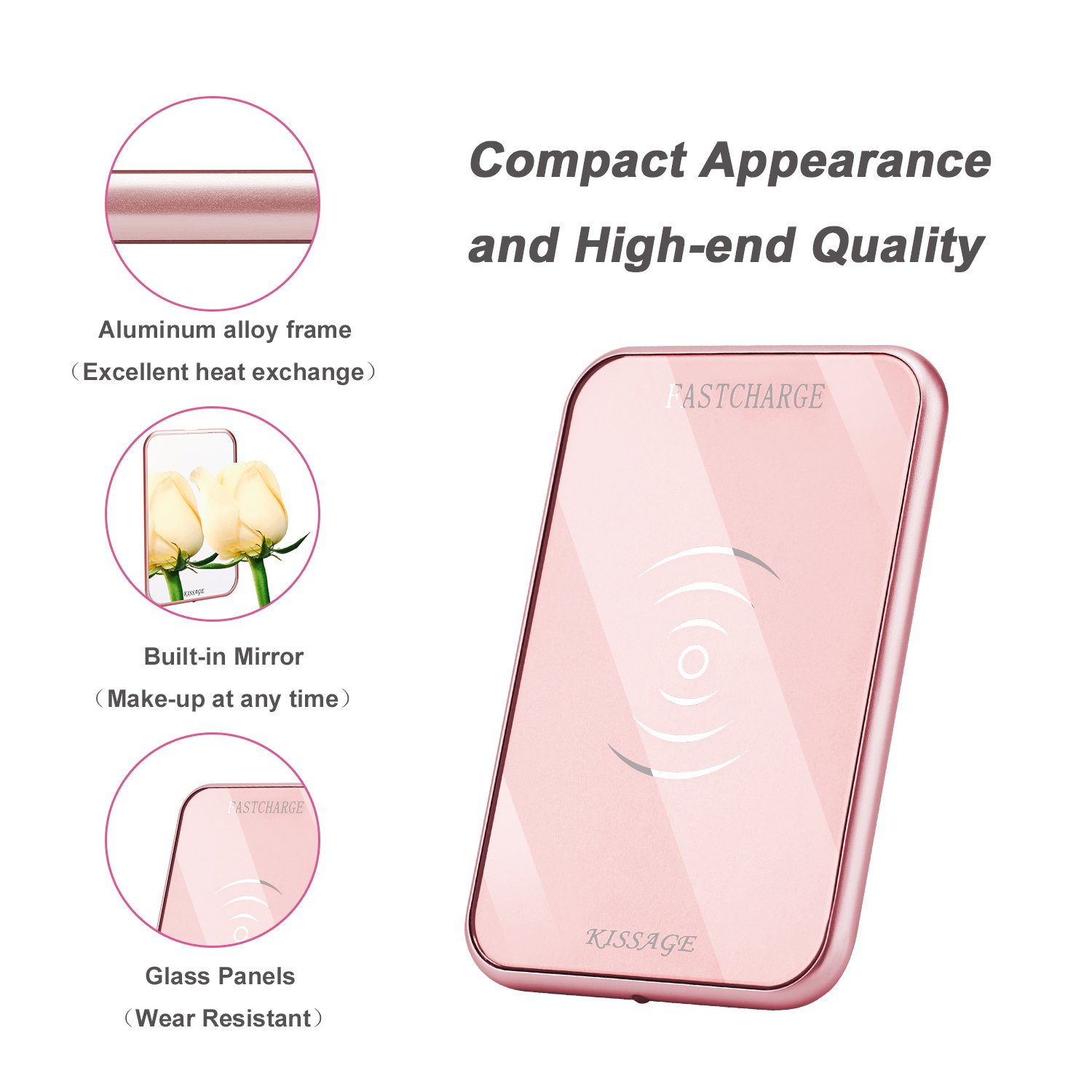 Wireless Charger, KISSAGE Ultra-Slim Premium Qi Wireless Charging Pad for Samsung Galaxy S9/S9 Plus/S8/Note 8/5/S7, 7.5W Charge base for iPhone X/8/8 Plus Built-in Mirror (Pink)