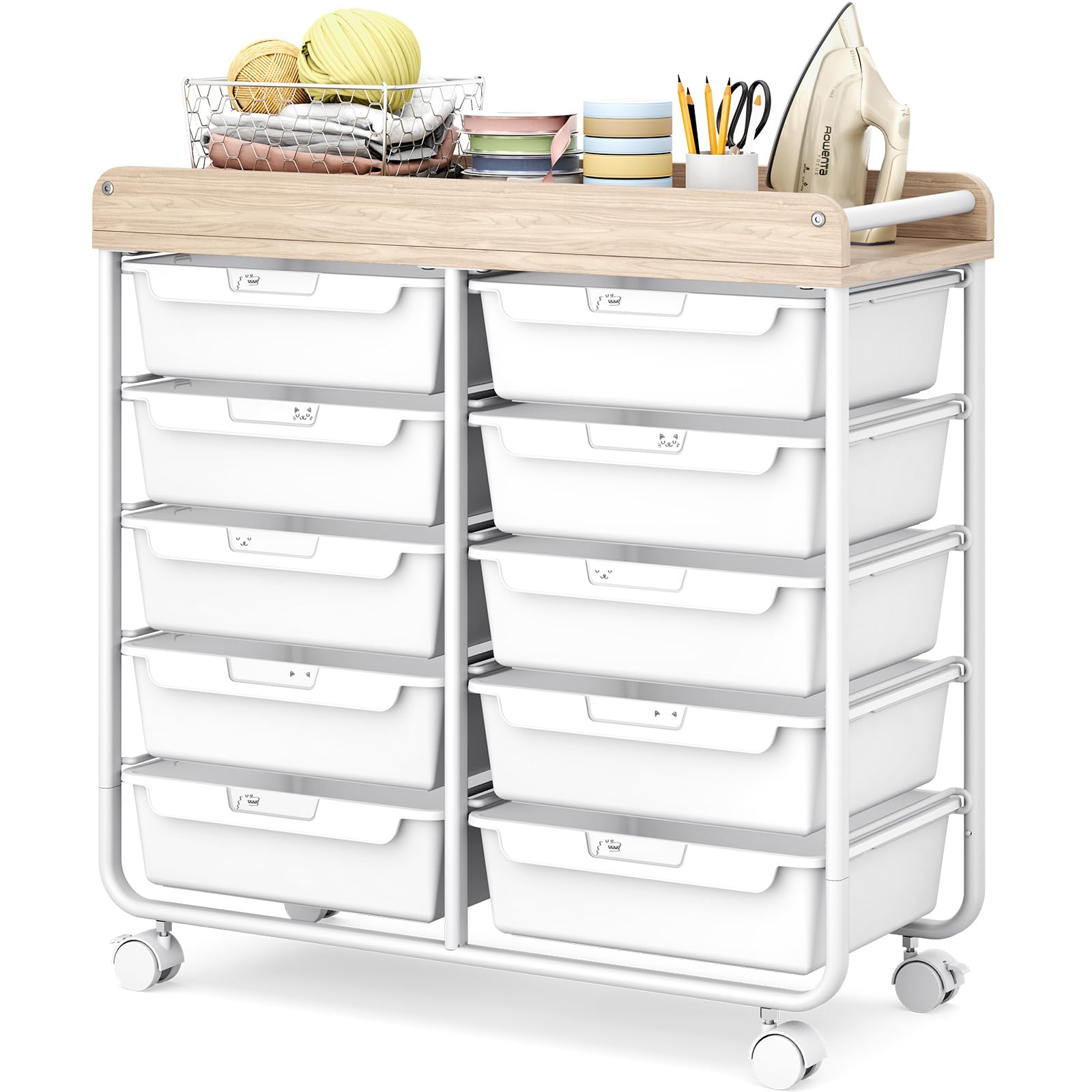 Photo 1 of 10 Drawers Rolling Cart with Wooden Tabletop, Utility Storage Cart with Wheels, Art Supply Craft Organizer on Wheel with Metal Frame & Handles for Home Office School (Pure White)