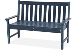 COBANA Outdoor Garden Bench, All Weather HDPE Patio Porch Bench with Faux Wood Grain Pattern, 2-Person Seat for Lawn, Park, Backyard, Entryway, Navy Blue