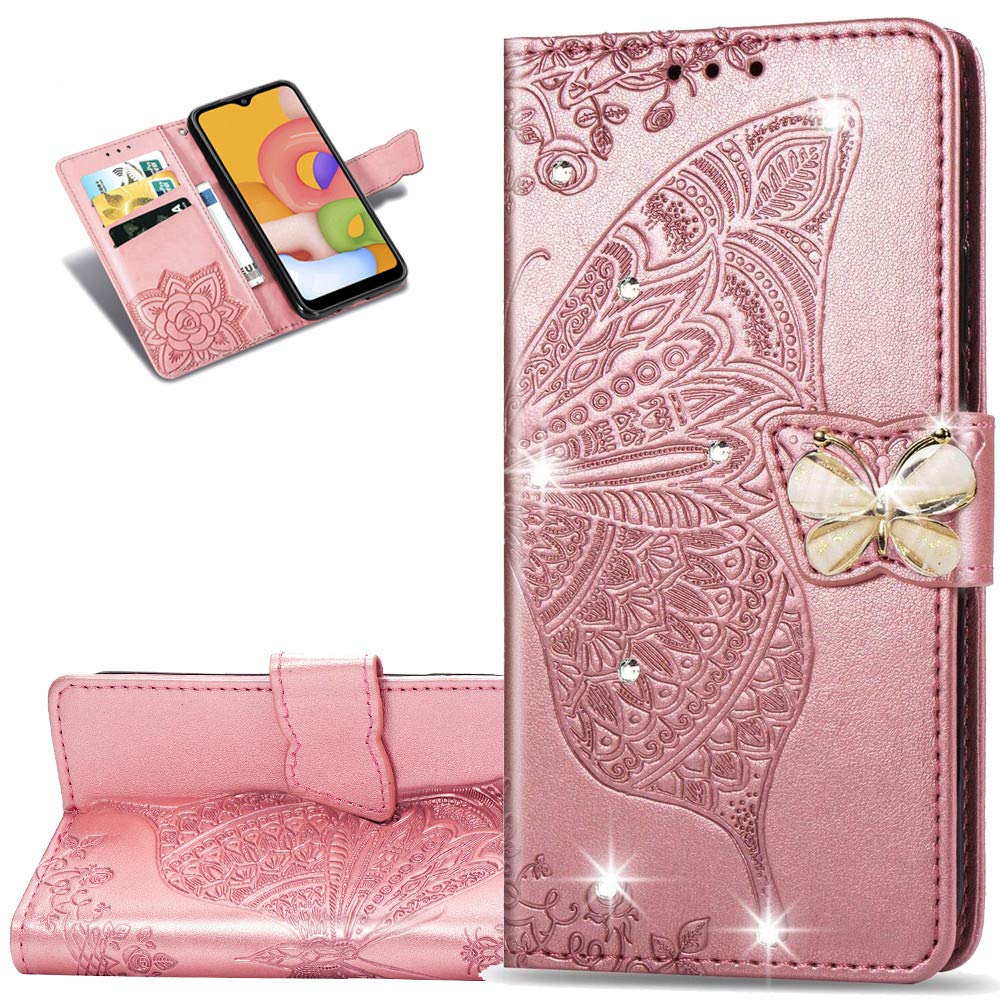 OOPKINS OnePlus Nord N10 5G Diamond Embossed Butterfly Card Holder Bookstyle PU Leather Durable Magnetic Closure Flip Kickstand Cover for OnePlus Nord N10 5G Crystal Butterfly Rose Gold SD