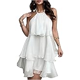 Floerns Women's Elegant Tie Backless Halter Chiffon Dress Sleeveless Tiered A Line Ruffle Hem Flowy Mini Dresses