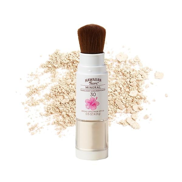 HAWAIIAN TROPIC MINERAL POWDER SUNSCREEN BRUSH SPF 30 | BEACH ESSENTIALS, ZINC OXIDE MINERAL SUNSCREEN POWDER SPF, FACE SUNBLOCK TRAVEL SIZE, BRUSH ON SUN SCREEN PROTECTOR FOR FACE AND BODY, 0.15OZ