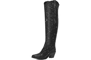 Rollda Rhinestone Cowboy Boots Sparkly Over the Knee Cowgirl Boots Pointed Toe Knee High Boots with Chunky Heel Thigh High Boots