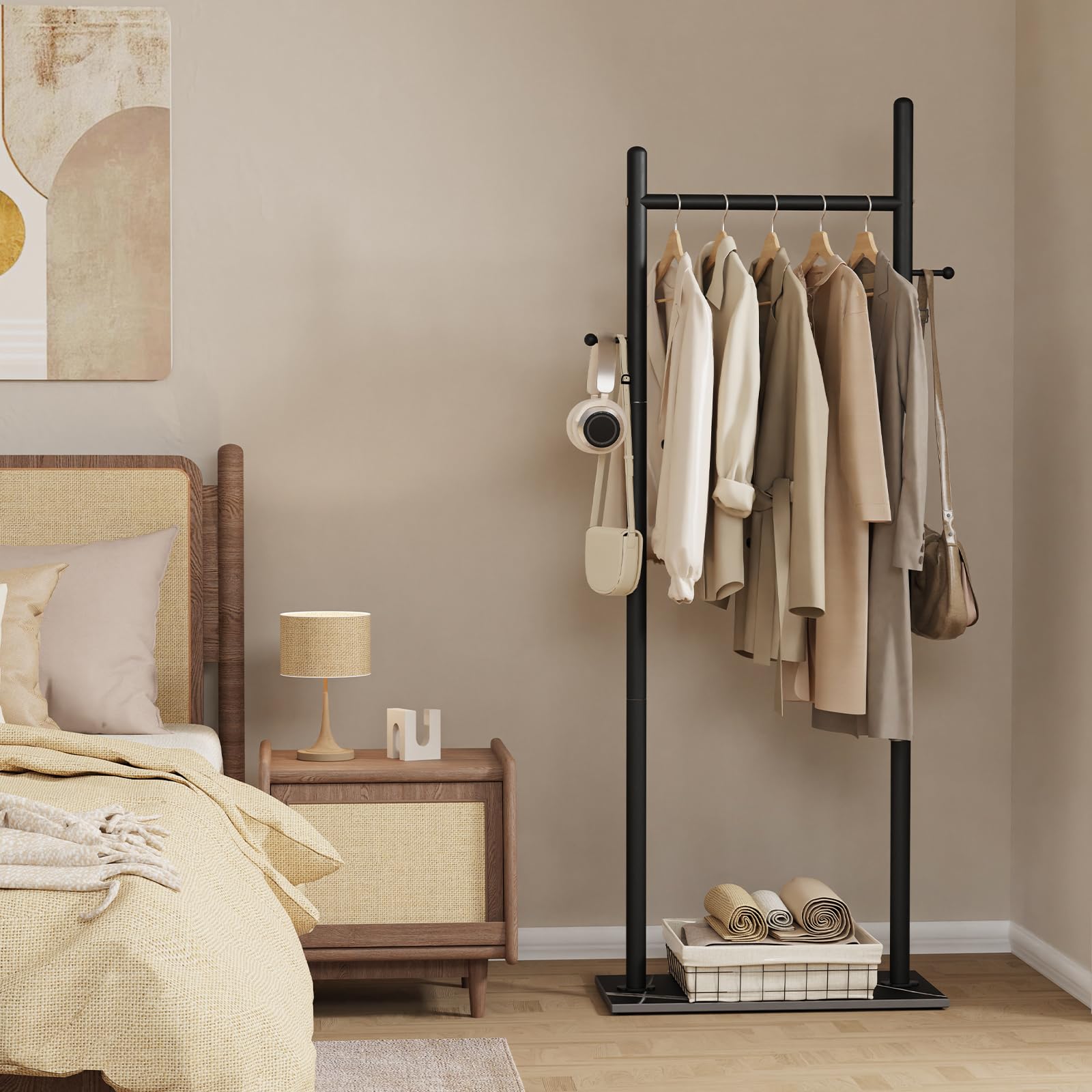 OUTBROS Kleiderständer mit Rock Slab Base, Stehende Kleiderstange aufbewahrung für den Innenbereich-Garderobenständer mit 2 Haken-50cm Breiter, Strapazierfähiger Coat Rack aus Metall (Schwarz) 6