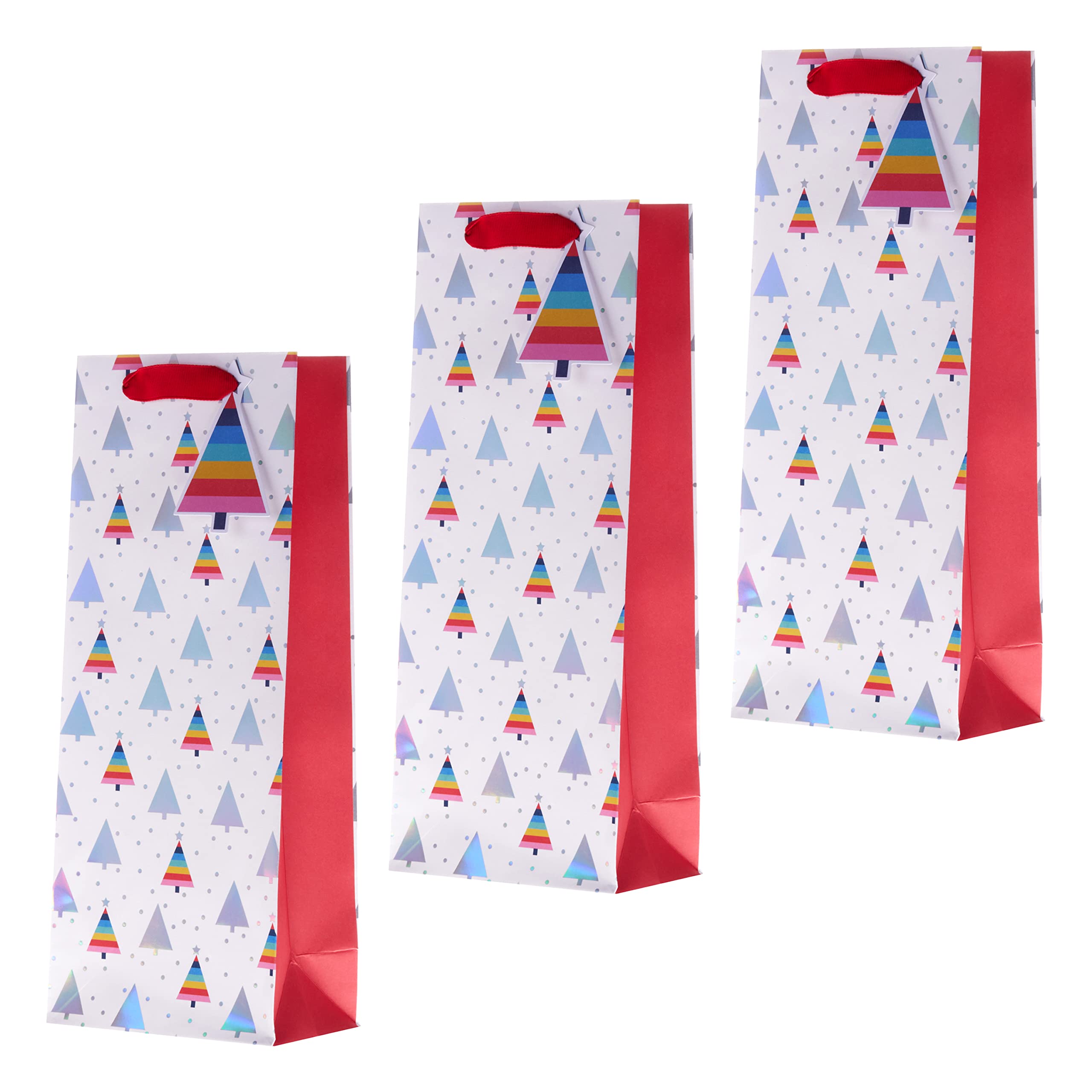 Hallmark Bottle Bags, Gift Bags for Presents, Pack of 3, Rainbow Trees Design, Red, Yellow, Blue