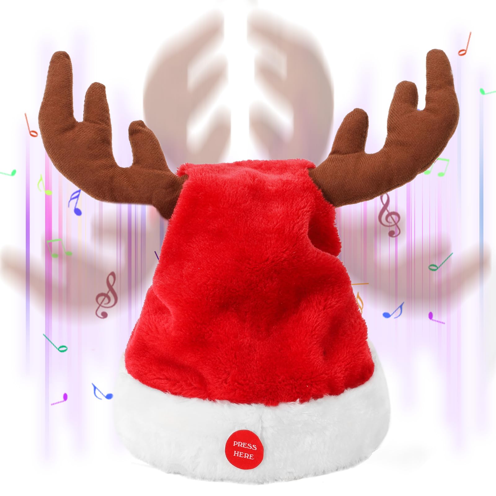 SdeNow Interactive Dancing Musical Santa Claus Hats with Swinging Reindeer Antlers, Funny Electric Singing Christmas Hat for Party Decoration, Adults and Children