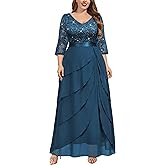 MISSMAY Women's Plus Size Sequins Lace Ruffle Tiered Layered Chiffon Formal Maxi Dress
