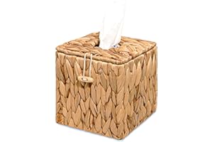 PINXIURY Tissue Box Cover Square Handwoven Rattan Tissue Box Holder, Natural Handmade, Boho Decorative Handcrafted Square Facial Tissue Holder with Lid, Rustic Decorative on Table and Bathroom, Office