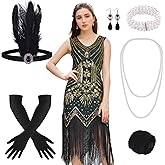 FEPITO 1920s Flapper Dresses for Women, Fringed Sequin Great Gatsby Dress for Women with 20s Accessories, Roaring 20s Costume