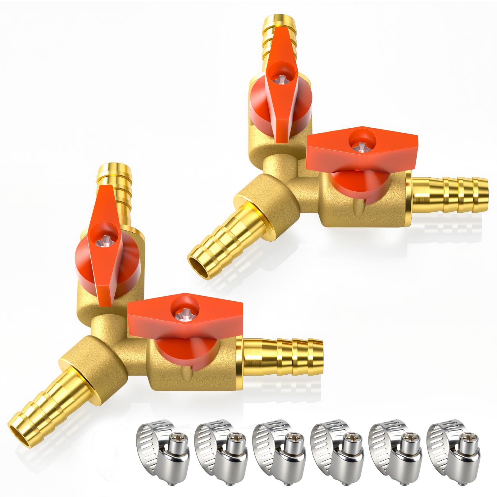 Bwintech 2 Pcs 12mm 3 Way Brass Hose Barb Ball Valve, Y Shape 2 Switch Shut Off Valve Fitting with 6 Pcs Hose Clamps