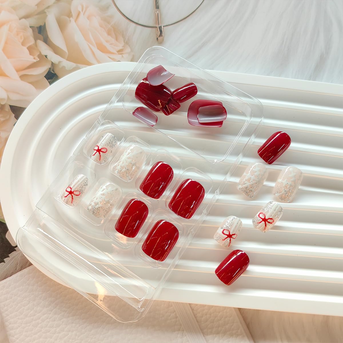 24Pcs Christmas Press on Nails Short Coffin Fake Nails Red Bow Charm Design Cute Christmas Nails Glossy Red False Nails Silver Glitter Snowflake Glue on Nails Winter Artificial Nails for Women DIY - Image 2