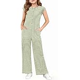 Haloumoning Girls Striped Jumpsuit Kids Summer Cap Sleeve Wide Leg Romper Button Down Outfits 5-14 Years