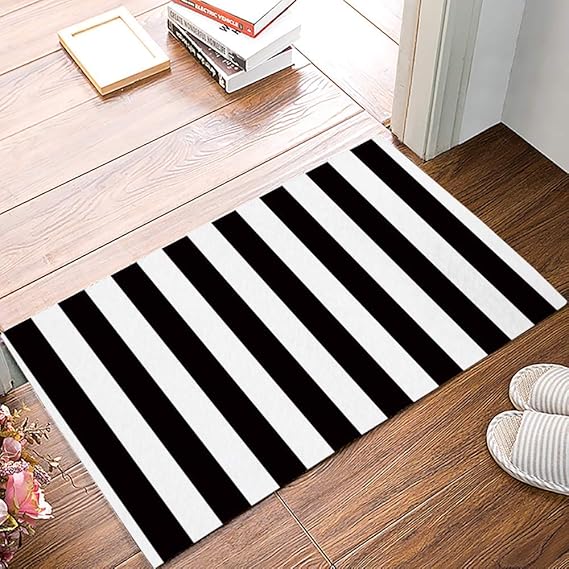 DGGGD Simple Doormat,Black And White Vertical Stripe,Decorative Felt