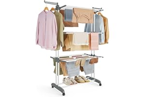 SONGMICS Clothes Drying Rack 4-Tier, Foldable Laundry Drying Rack 173 cm Tall, Steel, Rolling Clothes Horses, Laundry Hanger 